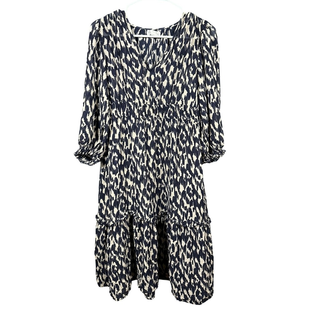 Velvet by Graham & Spencer Navy Ikat Leopard Smocked Tiered Midi Dress Womens XS